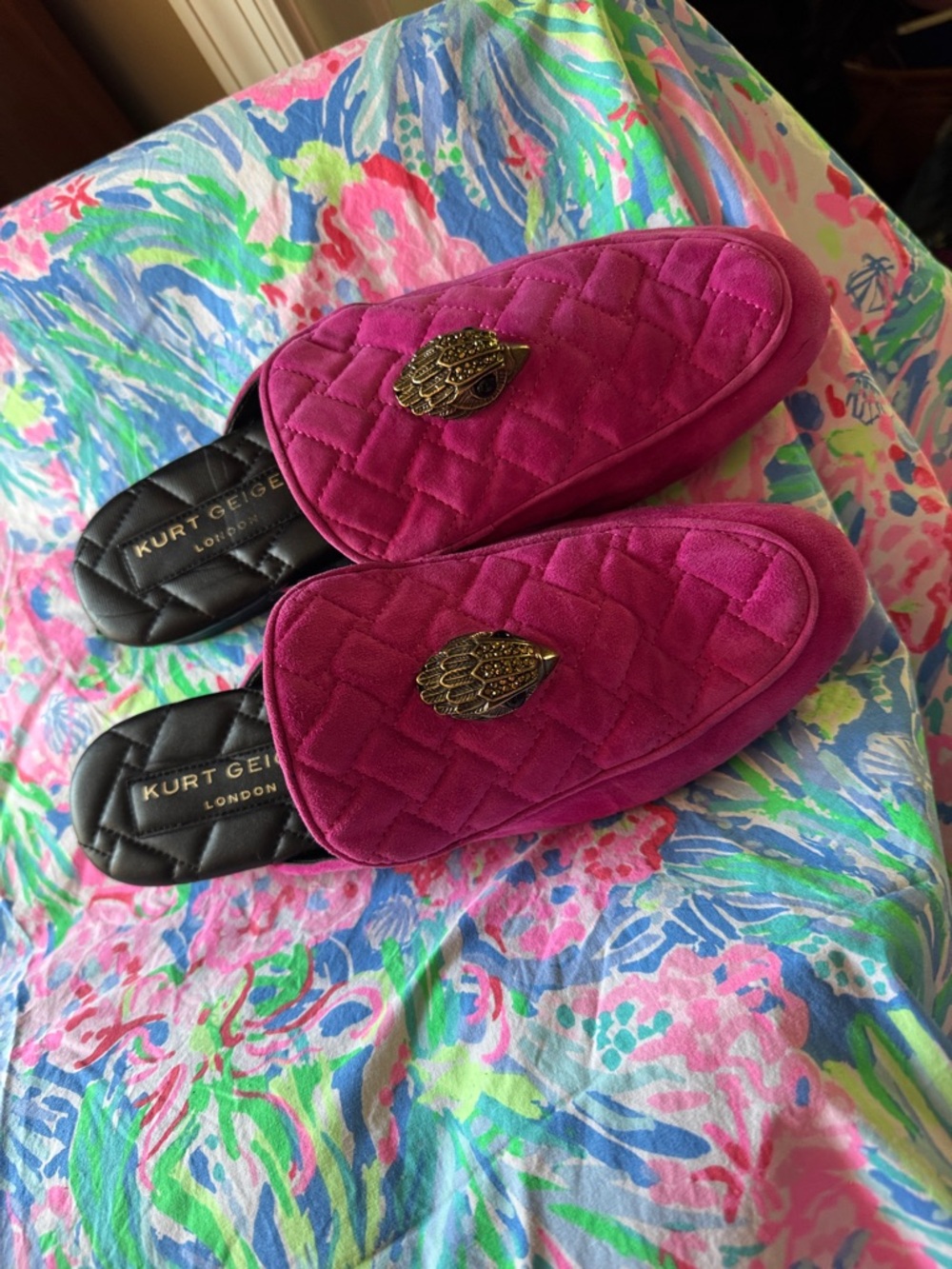 Kurt Geiger Magenta Quilted Velvet Slip-On Mules with Decorative Emblem - Picture 6 of 6